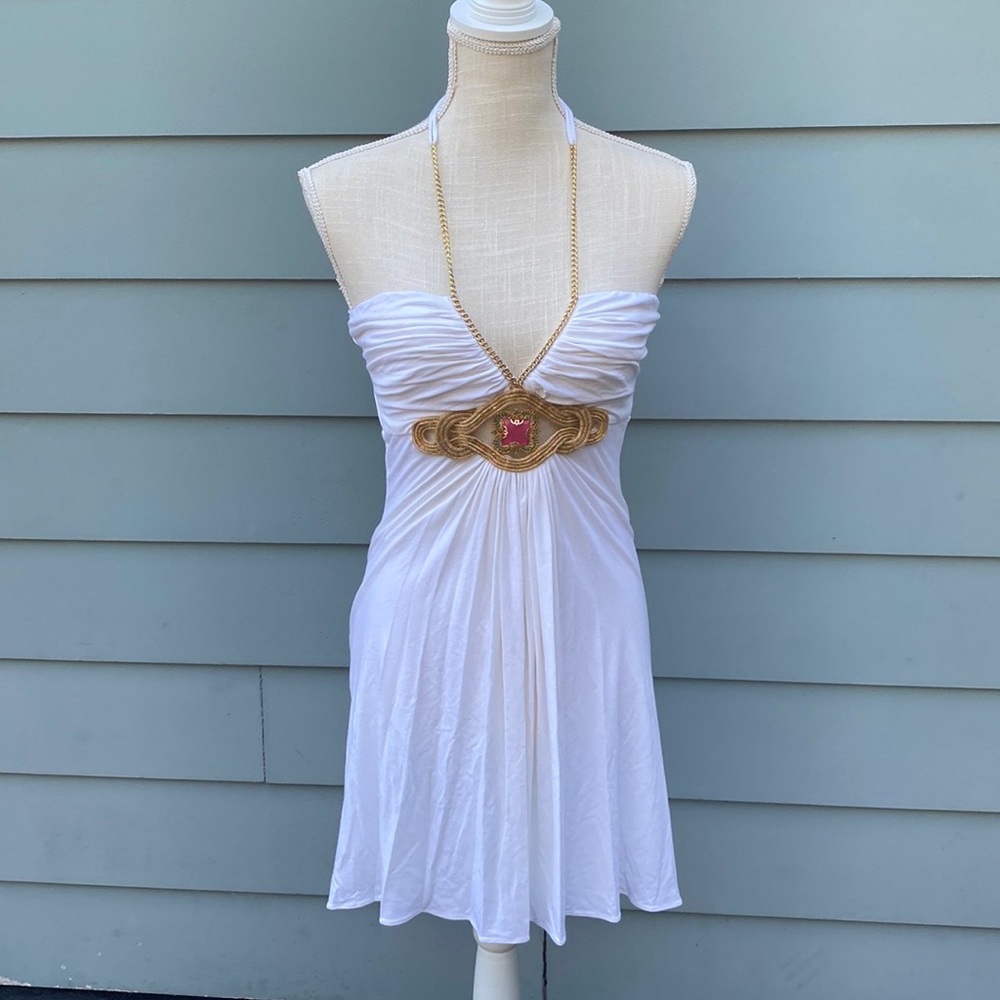 Sky brand metal chain rhinestone halter mini cocktail club dress